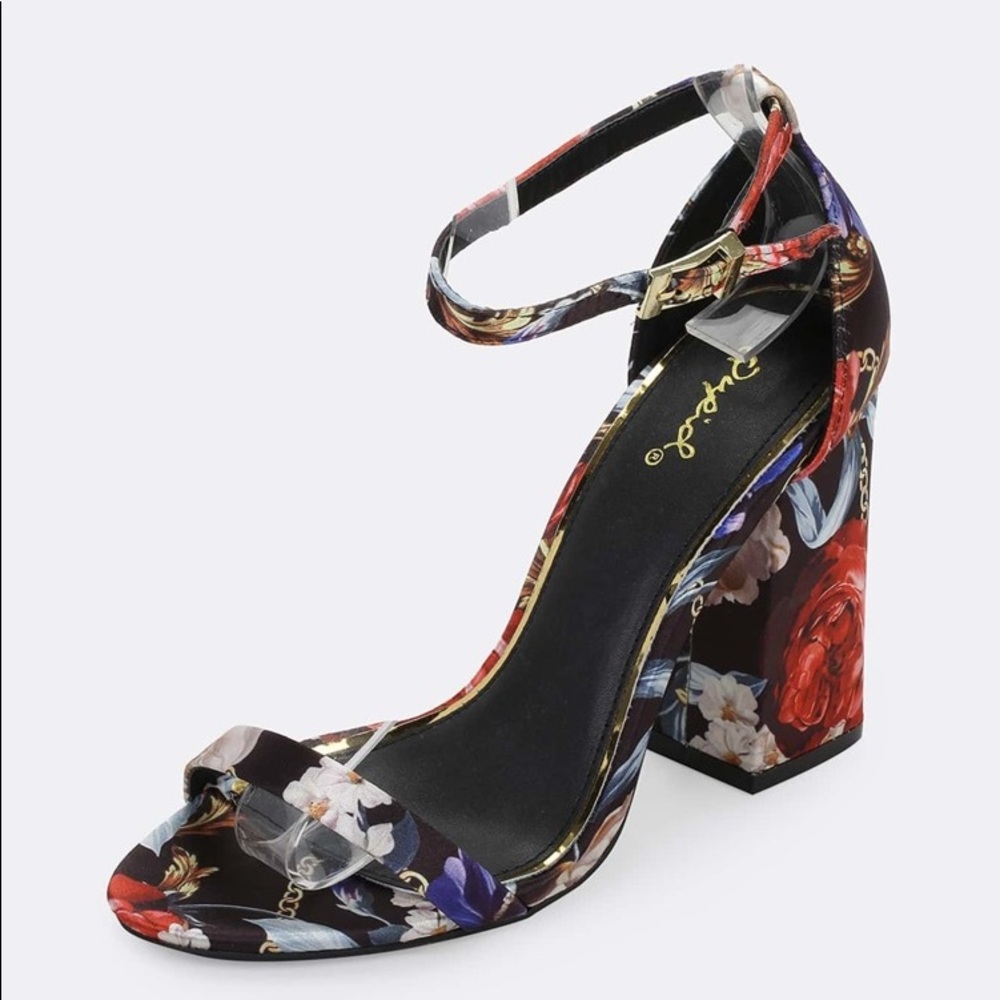 Satin Floral Single Band Ankle Strap Block Heels